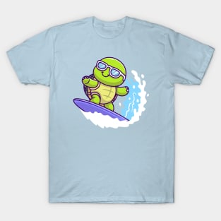 Cute Turtle Surfing In Sea Cartoon T-Shirt